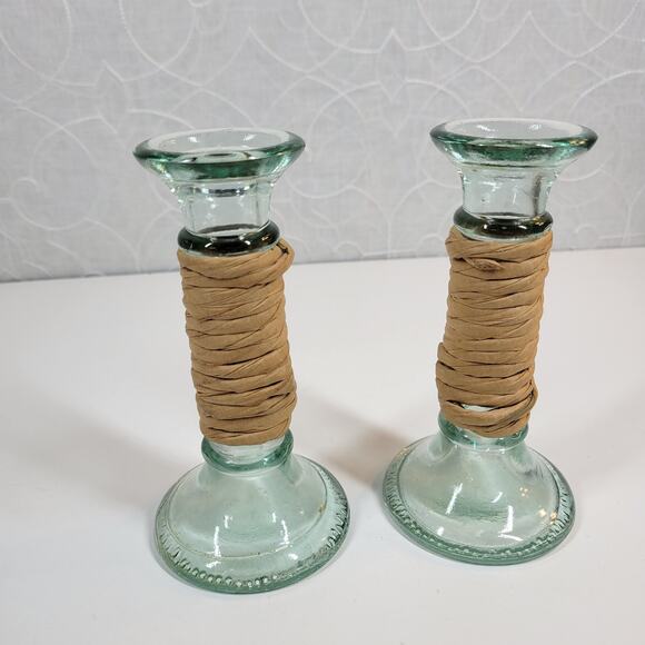 Vintage Glass Wrapped Twine Candlestick Holders Rustic Primitive Home Decor - Picture 11 of 12
